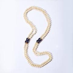 Modernist Bold Double Strand pearl Necklace with Lapis Gold And Diamond Clasps - 2946731