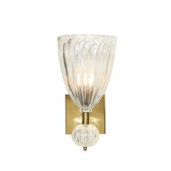 Modernist Brass Handblown Iridescent Murano Glass Sconces w Orbital Drop - 3108764