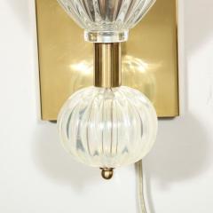 Modernist Brass Handblown Iridescent Murano Glass Sconces w Orbital Drop - 3108767