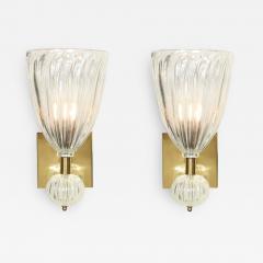 Modernist Brass Handblown Iridescent Murano Glass Sconces w Orbital Drop - 3110935