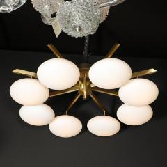 Modernist Brass and Frosted Glass 8 Arm Globe Chandelier Manner of Arredoluce - 4038161