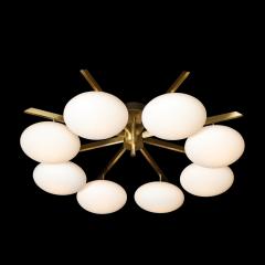 Modernist Brass and Frosted Glass 8 Arm Globe Chandelier Manner of Arredoluce - 4038162