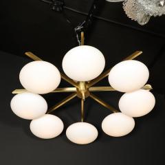 Modernist Brass and Frosted Glass 8 Arm Globe Chandelier Manner of Arredoluce - 4038174