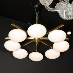 Modernist Brass and Frosted Glass 8 Arm Globe Chandelier Manner of Arredoluce - 4038182