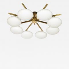 Modernist Brass and Frosted Glass 8 Arm Globe Chandelier Manner of Arredoluce - 4039481