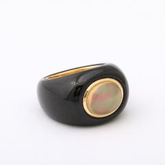 Modernist Cabochon Opal 14k Yellow Gold Black Enameled Dome Ring - 4792632