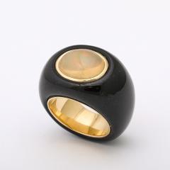 Modernist Cabochon Opal 14k Yellow Gold Black Enameled Dome Ring - 4792641