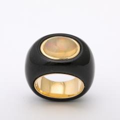 Modernist Cabochon Opal 14k Yellow Gold Black Enameled Dome Ring - 4792642