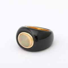 Modernist Cabochon Opal 14k Yellow Gold Black Enameled Dome Ring - 4792672