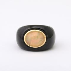 Modernist Cabochon Opal 14k Yellow Gold Black Enameled Dome Ring - 4792674