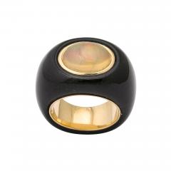 Modernist Cabochon Opal 14k Yellow Gold Black Enameled Dome Ring - 4793032