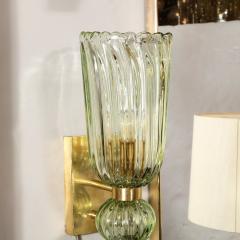 Modernist Celadon Hand Blown Murano Glass Brass Sconces with Elongated Drop - 3375765