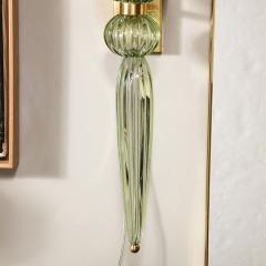 Modernist Celadon Hand Blown Murano Glass Brass Sconces with Elongated Drop - 3375766