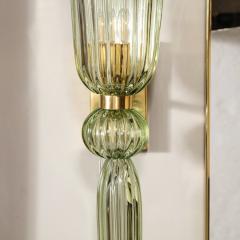 Modernist Celadon Hand Blown Murano Glass Brass Sconces with Elongated Drop - 3375768