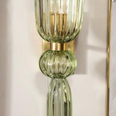 Modernist Celadon Hand Blown Murano Glass Brass Sconces with Elongated Drop - 3375770