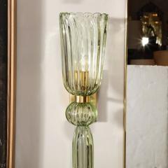 Modernist Celadon Hand Blown Murano Glass Brass Sconces with Elongated Drop - 3375856