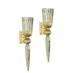 Modernist Celadon Hand Blown Murano Glass Brass Sconces with Elongated Drop - 3375859