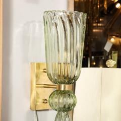 Modernist Celadon Hand Blown Murano Glass Brass Sconces with Elongated Drop - 3375879