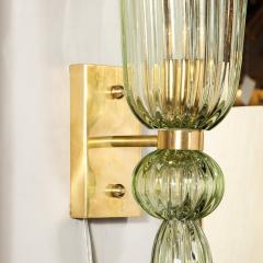 Modernist Celadon Hand Blown Murano Glass Brass Sconces with Elongated Drop - 3375984
