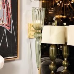 Modernist Celadon Hand Blown Murano Glass Brass Sconces with Elongated Drop - 3376000