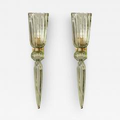 Modernist Celadon Hand Blown Murano Glass Brass Sconces with Elongated Drop - 3383795