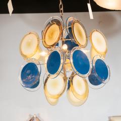 Modernist Chrome Chandelier in Handblown Murano Cerulean Yellow Vistosi Discs - 4037691