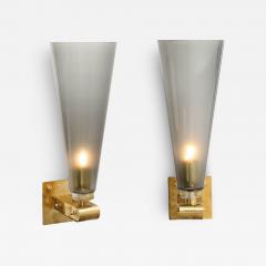Modernist Conical Smoked Graphite Hand Blown Murano Glass Brass Sconces - 3646308