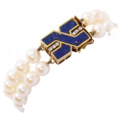 Modernist Double Strand Pearl Bracelet with Lapis Gold and Diamond Clasp - 2946542