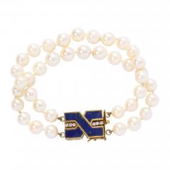 Modernist Double Strand Pearl Bracelet with Lapis Gold and Diamond Clasp - 2951905