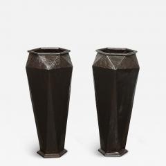 Modernist Geometric Faceted Hand Hammered Wrought Iron Vases in Bronze Finish - 4623417