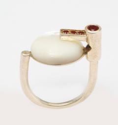 Modernist German Mother of Pearl and Garnet Silver Ring - 773529