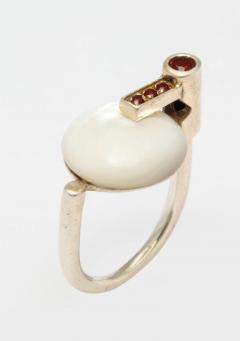 Modernist German Mother of Pearl and Garnet Silver Ring - 773530