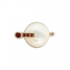 Modernist German Mother of Pearl and Garnet Silver Ring - 773622