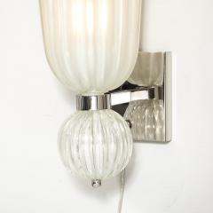 Modernist Hand Blown Fluted 24K White Gold Fleck Murano Glass Nickel Sconces - 4622334