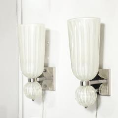 Modernist Hand Blown Fluted 24K White Gold Fleck Murano Glass Nickel Sconces - 4622335
