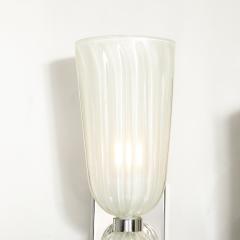 Modernist Hand Blown Fluted 24K White Gold Fleck Murano Glass Nickel Sconces - 4622337