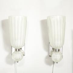 Modernist Hand Blown Fluted 24K White Gold Fleck Murano Glass Nickel Sconces - 4622341