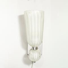 Modernist Hand Blown Fluted 24K White Gold Fleck Murano Glass Nickel Sconces - 4622342