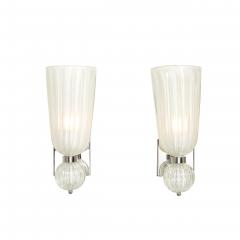 Modernist Hand Blown Fluted 24K White Gold Fleck Murano Glass Nickel Sconces - 4622353