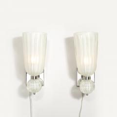 Modernist Hand Blown Fluted 24K White Gold Fleck Murano Glass Nickel Sconces - 4622354