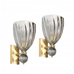 Modernist Hand Blown Fluted 24K White Gold Fleck Murano Glass Nickel Sconces - 4622357