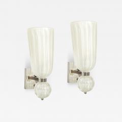 Modernist Hand Blown Fluted 24K White Gold Fleck Murano Glass Nickel Sconces - 4623486