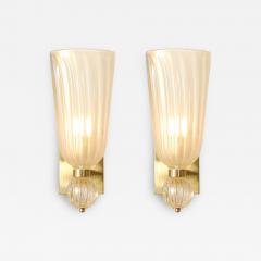 Modernist Hand Blown Fluted Murano Glass Brass Sconces W 24K Gold Flecks - 4076464