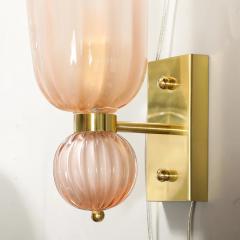 Modernist Hand Blown Fluted Murano Glass Sconces w Orbital Drop in Frosted Rose - 4514311