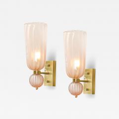 Modernist Hand Blown Fluted Murano Glass Sconces w Orbital Drop in Frosted Rose - 4515330
