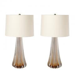 Modernist Hand Blown Fluted Smoked Amber Murano Glass Brass Table Lamps - 3925910