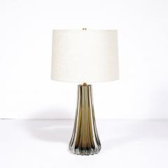 Modernist Hand Blown Fluted Smoked Topaz Murano Glass Brass Table Lamps - 3645367