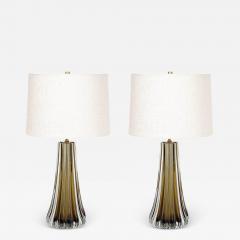 Modernist Hand Blown Fluted Smoked Topaz Murano Glass Brass Table Lamps - 3646327