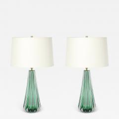 Modernist Hand Blown Fluted Translucent Sea Green Hue Murano Glass Table Lamps - 4491422