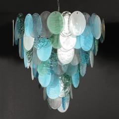 Modernist Hand Blown Murano 7 Tier Textural Disc Chandelier in Mixed Aquamarine - 4163461